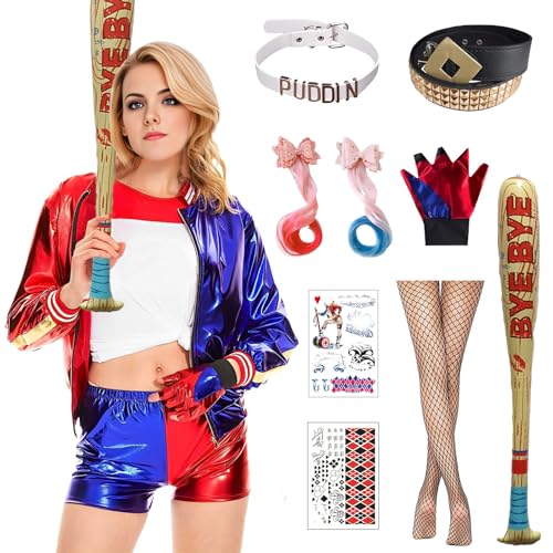 Metaparty Quinn Cosplay Kostüme Kinder Damen Halloween Kostüm Superheld Cosplay Kostüm Kit enthalten Handschuhe Jacke T-shirt Shorts Halskette für Karneval Cosplay Erwachsene, S von Metaparty