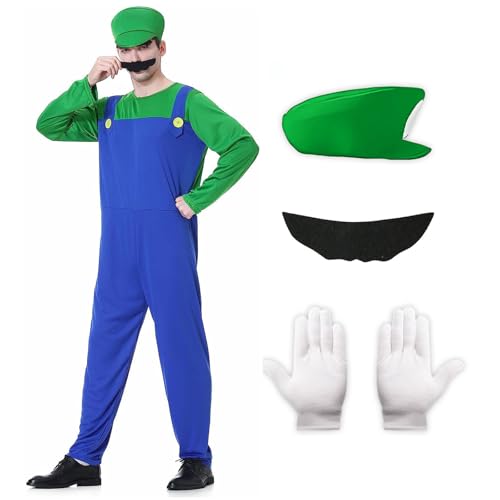 Metaparty Super Klempner Kostüm Set Super Brüder Cosplay Outfit mit Hut, Bart und Handschuhe Kostüm Erwachsene Kinder Jumpsuit Halloween Karneval Kostüm Set Erwachsener Grün,L Metaparty Super Klempner Kostüm Set Super Brüder Cosplay Outfit mit Hut, Bart und Handschuhe Kostüm Erwachsene Kinder Jumpsuit Halloween Karneval Kostüm Set Erwachsener Grün,L von Metaparty
