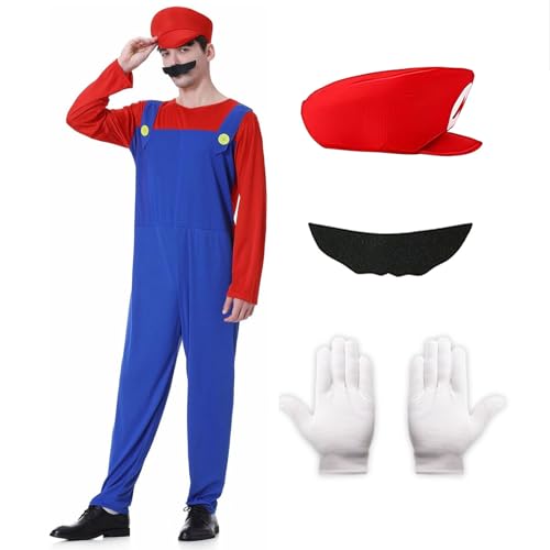 Metaparty Super Klempner Kostüm Set Super Brüder Cosplay Outfit mit Hut, Bart und Handschuhe Kostüm Erwachsene Kinder Jumpsuit Halloween Karneval Kostüm Set Erwachsener Rot,S Metaparty Super Klempner Kostüm Set Super Brüder Cosplay Outfit mit Hut, Bart und Handschuhe Kostüm Erwachsene Kinder Jumpsuit Halloween Karneval Kostüm Set Erwachsener Rot,S von Metaparty