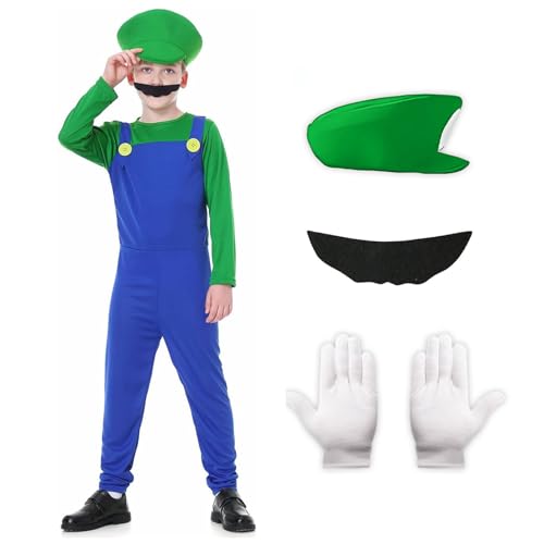 Metaparty Super Klempner Kostüm Set Super Brüder Cosplay Outfit mit Hut, Bart und Handschuhe Kostüm Erwachsene Kinder Jumpsuit Halloween Karneval Kostüm Set Kind Grün,XL Metaparty Super Klempner Kostüm Set Super Brüder Cosplay Outfit mit Hut, Bart und Handschuhe Kostüm Erwachsene Kinder Jumpsuit Halloween Karneval Kostüm Set Kind Grün,XL von Metaparty