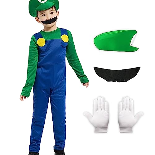 Metaparty Super Klempner Kostüm Set Super Brüder Cosplay Outfit mit Hut, Bart und Handschuhe Mario und Luigi Kostüm Erwachsene Kinder Super Bros Jumpsuit Halloween Karneval Kostüm Set von Metaparty