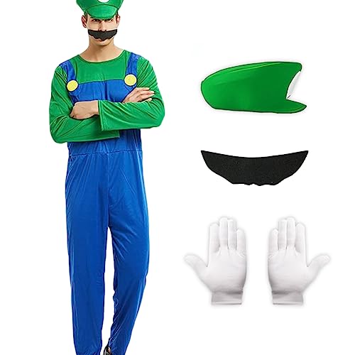 Metaparty Super Klempner Kostüm Set Super Brüder Cosplay Outfit mit Hut, Bart und Handschuhe Mario und Luigi Kostüm Erwachsene Kinder Super Bros Jumpsuit Halloween Karneval Kostüm Set von Metaparty