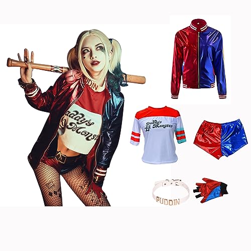 Quinn Kostüm Kinder Damen Squad Kostüm Bösewicht Mädchen mit Handschuhen, Jacke, T-Shirt, Shorts zum Thema Verkleidung Cosplay für Karneval Halloween Geschenk (Erwachsene, XL) von Metaparty