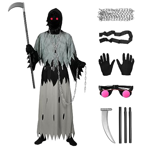 Sensenmann Kostüm, Halloween Kostüm Set Reaper Robe mit Kapuze, Knochenhandschuhe, Kette, Sense, Tod Kostüm Outfit Halloween Dress Up Party für Erwachsene Kinder (155) von Metaparty