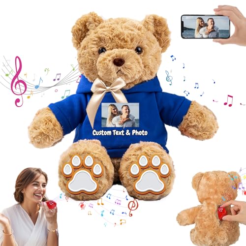 MeterBear Personalisierter Teddybär mit Aufzeichnung für Sie Ihn, Personalisierte Geschenke Teddybär mit Foto+Text als Besondere Geschenke für Valentinstag Weihnachten Geburtstag (32cm-Foto+Text) von MeterBear