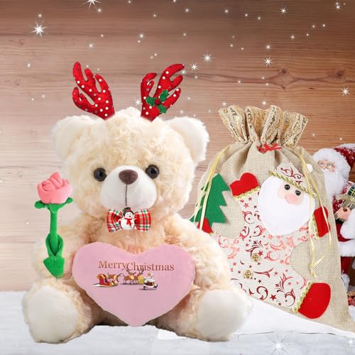 MeterBear Personalisierter Teddybär mit Text, Weihnachten Teddybär mit Rose, Weihnachtsschmuck und Geschenktüten Weihnachten als Personalisierte Geschenke für Frauen Männer Weihnachten (20cm) von MeterBear