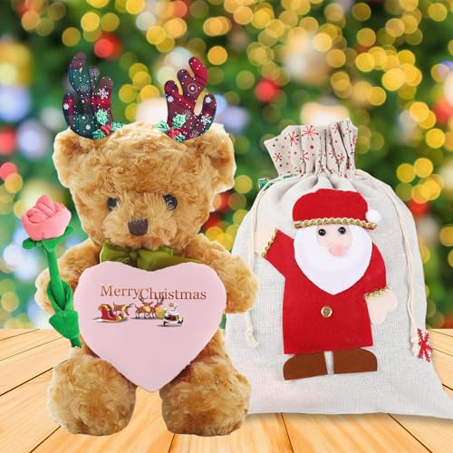 MeterBear Personalisierter Teddybär mit Text, Weihnachten Teddybär mit Rose, Weihnachtsschmuck und Geschenktüten Weihnachten als Personalisierte Geschenke für Frauen Männer Weihnachten (25cm) von MeterBear