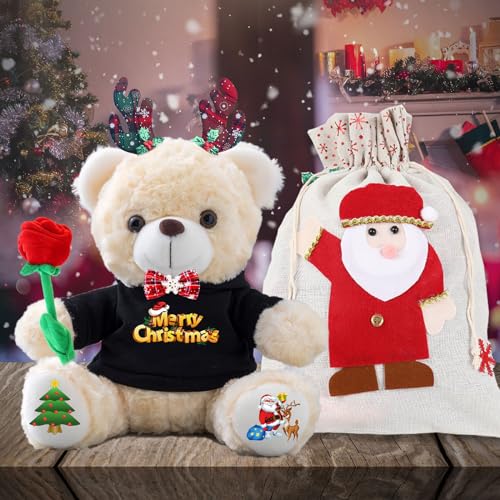 MeterBear Personalisierter Teddybär mit Text, Weihnachten Teddybär mit Rose, Weihnachtsschmuck und Geschenktüten Weihnachten als Personalisierte Geschenke für Frauen Männer Weihnachten (25cm) von MeterBear