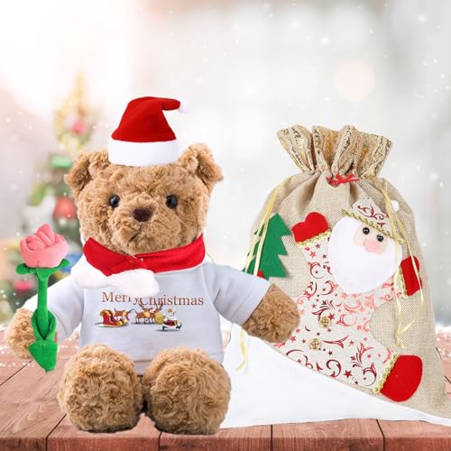 MeterBear Personalisierter Teddybär mit Text, Weihnachten Teddybär mit Rose, Weihnachtsschmuck und Geschenktüten Weihnachten als Personalisierte Geschenke für Frauen Männer Weihnachten (26cm) von MeterBear