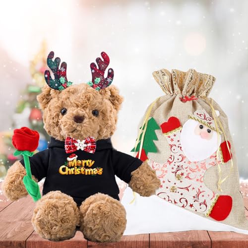 MeterBear Personalisierter Teddybär mit Text, Weihnachten Teddybär mit Rose, Weihnachtsschmuck und Geschenktüten Weihnachten als Personalisierte Geschenke für Frauen Männer Weihnachten (26cm) von MeterBear