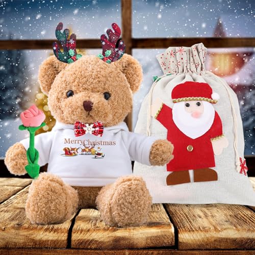 MeterBear Personalisierter Teddybär mit Text, Weihnachten Teddybär mit Rose, Weihnachtsschmuck und Geschenktüten Weihnachten als Personalisierte Geschenke für Frauen Männer Weihnachten (30cm) von MeterBear