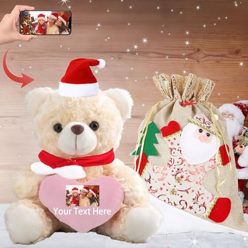 MeterBear Weihnachten Personalisierter Teddybär mit Text+Foto, Weihnachten Teddybär mit Deko Weihnachtsschmuck als Personalisierte Geschenke für Frauen Weihnachten/Papa Geschenk Weihnachten (20cm) von MeterBear