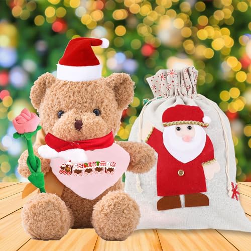 MeterBear Weihnachten Personalisierter Teddybär mit Text, Weihnachten Teddybär mit Rose, Weihnachtsschmuck und Geschenktüten Weihnachten als Personalisierte Geschenk Beste Freundin Weihnachten (40cm) von MeterBear