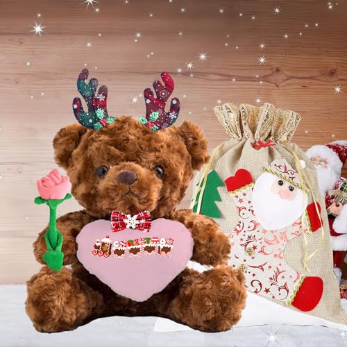 MeterBear Weihnachten Personalisierter Teddybär mit Text, Weihnachten Teddybär mit Rose, Weihnachtsschmuck und Geschenktüten Weihnachten als Personalisierte Geschenk Beste Freundin Weihnachten (25cm) von MeterBear