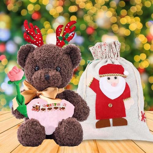 MeterBear Weihnachten Personalisierter Teddybär mit Text, Weihnachten Teddybär mit Rose, Weihnachtsschmuck und Geschenktüten Weihnachten als Personalisierte Geschenk Beste Freundin Weihnachten (25cm) von MeterBear
