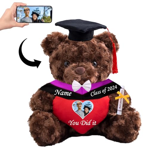 Personalisierter Teddybär mit Herz, Abschlussgeschenke für Ihn & Sie mit Text+Foto, Abschlussbär als Personalisiertes Abschlussgeschenk für Mädchen/ Jungen zum Abschluss 2024 (25-cm/ Text+Foto) von MeterBear