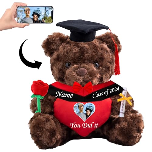 Personalisierter Teddybär mit Herz, Abschlussgeschenke für Ihn & Sie mit Text+Foto, Abschlussbär als Personalisiertes Abschlussgeschenk für Mädchen/ Jungen zum Abschluss 2024 (25-cm/ Text+Foto) von MeterBear