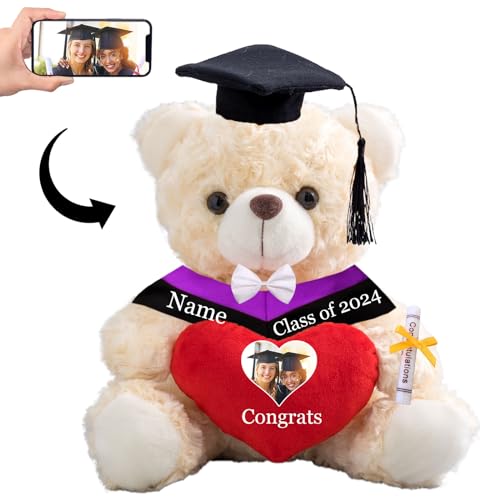 Personalisierter Teddybär mit Herz, Abschlussgeschenke für Ihn & Sie mit Text+Foto, Abschlussbär als Personalisiertes Abschlussgeschenk für Mädchen/ Jungen zum Abschluss 2024 (25cm/ Text+Foto) von MeterBear