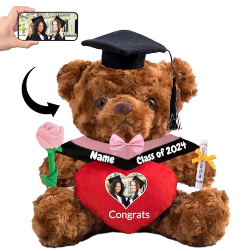 Personalisierter Teddybär mit Herz, Abschlussgeschenke für Ihn & Sie mit Text+Foto, Abschlussbär als Personalisiertes Abschlussgeschenk für Mädchen/ Jungen zum Abschluss 2024 (Text+Foto-25cm) von MeterBear