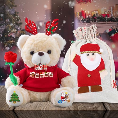 Personalisierter Teddybär mit Text, Weihnachten Teddybär mit Rose, Weihnachtsschmuck und Geschenktüten Weihnachten als Personalisierte Geschenke für Männer Frauen Weihnachten (20cm) von MeterBear