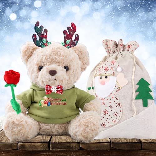 Personalisierter Teddybär mit Text, Weihnachten Teddybär mit Rose, Weihnachtsschmuck und Geschenktüten Weihnachten als Personalisierte Geschenke für Männer Frauen Weihnachten (25cm) von MeterBear