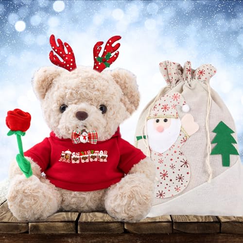 Personalisierter Teddybär mit Text, Weihnachten Teddybär mit Rose, Weihnachtsschmuck und Geschenktüten Weihnachten als Personalisierte Geschenke für Männer Frauen Weihnachten (25cm) von MeterBear