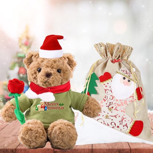Personalisierter Teddybär mit Text, Weihnachten Teddybär mit Rose, Weihnachtsschmuck und Geschenktüten Weihnachten als Personalisierte Geschenke für Männer Frauen Weihnachten (26cm) von MeterBear