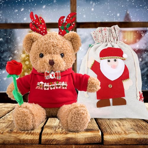 Personalisierter Teddybär mit Text, Weihnachten Teddybär mit Rose, Weihnachtsschmuck und Geschenktüten Weihnachten als Personalisierte Geschenke für Männer Frauen Weihnachten (40cm) von MeterBear