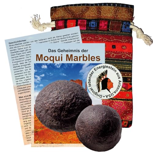 Moqui Marbles Paar 35-40mm Ø Steine 4-TLG Set mit Echtheitszertifikat [Männlich & Weiblich] für Schutz, Entspannung, Meditation. Mit Buch Booklet, Täschchen (B), Zertifikat. von Methusalem