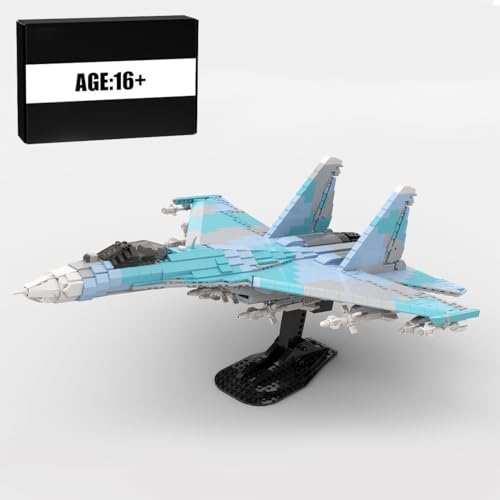 Metorio Kampfjet-Baustein-Set, Su-27 Jet Modellbausatz mit Fahrwerk & Display-Ständer, Militärflugzeug-Spielzeug-Armee-Bausets, Coole Flugzeugmodell für Erwachsene, Geschenk, 2006 Teilen von Metorio