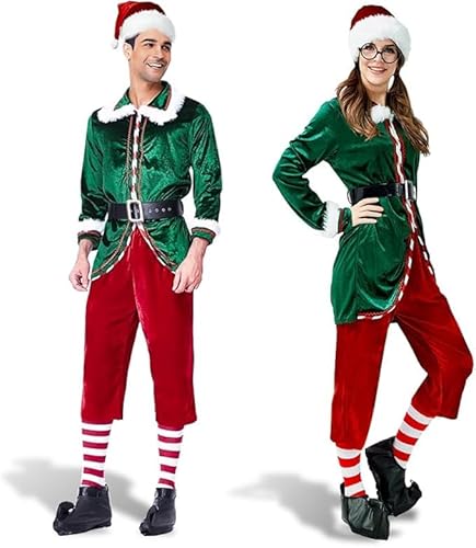 Mevige Weihnachtselfenkostüm, 6-teiliges Unisex-Elfen-Kleidungsanzug, Cosplay-Party-Kostüm, Erwachsenen-Weihnachtsmann-Outfit, Weihnachten, Halloween, Cosplay, Urlaub, Party-Set (Größe: XXL) von Mevige