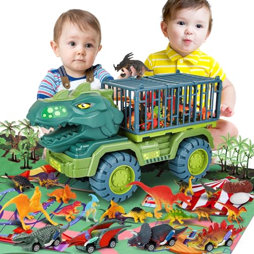MewVeer Dinosaur Truck Spielzeug, Tyrannosaurus Transport Auto Transporter Truck mit 15 Dino Figuren, 4 Dinosaurier Panzern, Aktivitäts-Spielmatte, Dinosaurier Eiern, Dino Auto Spielset MewVeer Dinosaur Truck Spielzeug, Tyrannosaurus Transport Auto Transporter Truck mit 15 Dino Figuren, 4 Dinosaurier Panzern, Aktivitäts-Spielmatte, Dinosaurier Eiern, Dino Auto Spielset von MewVeer