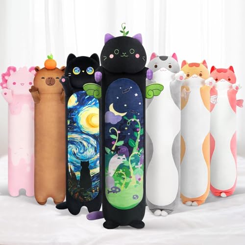 Mewaii 50CM Minzkatze Kuscheltier, Kuscheltiere Kawaii Katzen Plüschkissen, Schwarz Stofftiere Lange Katze Plüschtier Ausgestopftes Tier Spielzeug Kuschelkissen Geschenk von Mewaii