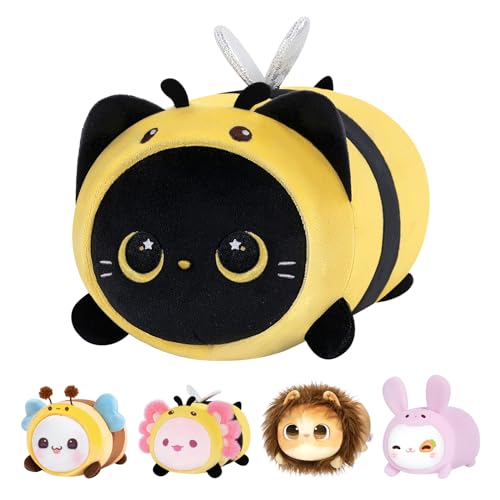 Mewaii Plüschtier Stofftiere 20CM Kawaii Plüsch Kissen für Kinder Ausgestopftes Kuscheltiere Tier Spielzeug Kuschelkissen Geschenk Plüschkissen über 3 Jahren, Bienenhaube Schwarze Katze von Mewaii