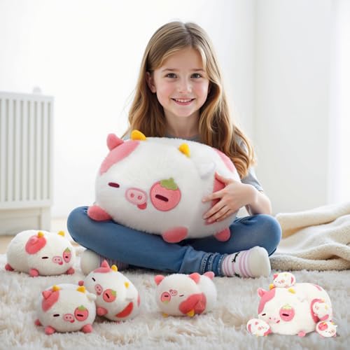 Mewaii Erdbeerkuh Plüschkissen mit 4 Baby Erdbeerkuh,Weiches Kawaii Kuscheltier für Kinder,Niedliches Kuh Plüschtier,Perfektes Kuschelkissen und Geschenk von Mewaii