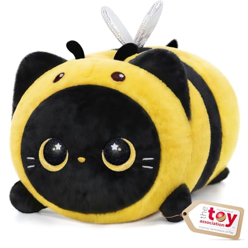 Mewaii Schwarze Katze Biene Plüschkissen 40CM Weiches Kawaii Kuscheltier für Kinder,Niedliches Katze Plüschtier,Perfektes Kuschelkissen und Geschenk von Mewaii