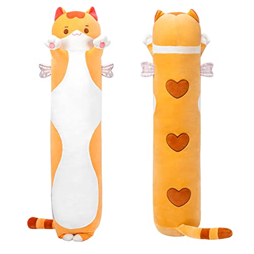 Mewaii Stofftiere Katzen Orange 90CM Plüsch Kissen Lang Kätzchen Plüschtier Ausgestopftes Tier Spielzeug Kuschelkissen Geschenk Plüschkissen über 3 Jahren von Mewaii