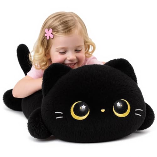 Niedliches schwarzes Katzenplüschkissen, Kawaii Plüschtiere Schwarze Katze, Squishy Plüschtiere, Kuschelplüschkissen für Kinder & Mädchen (20 Zoll) von Mewaii