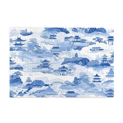 Mexpekil 1000 Teile Puzzles für Erwachsene Japanische Japan Blaue Tinte Architektur Szene Holzpuzzles Herausfordernde Puzzlespiele für Jugendliche Geschenke von Mexpekil