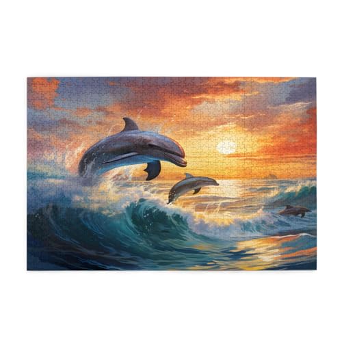 Mexpekil 1000 Teile Puzzles für Erwachsene Ozean Springen Delfin Sonnenuntergang Holzpuzzles Herausfordernde Puzzlespiele für Jugendliche Geschenke von Mexpekil