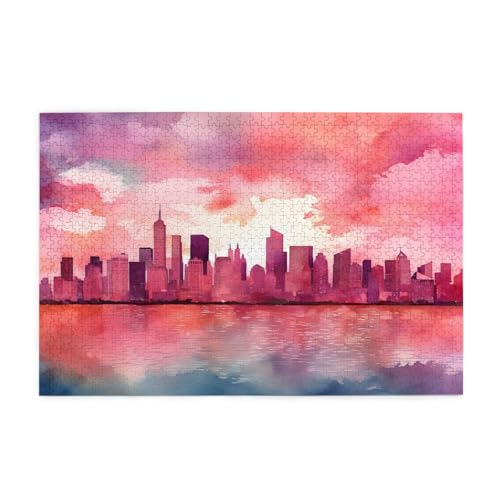 Mexpekil 1000 Teile Puzzles für Erwachsene Watercolo Pink New York City Scence Holzpuzzles Herausfordernde Puzzlespiele für Jugendliche Geschenke von Mexpekil