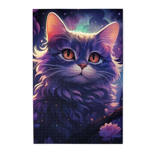 Mexpekil Lila Halloween Katze 1000 Teile Puzzle für Erwachsene Holzpuzzles Erwachsene Puzzle Lernspiele für Erwachsene Geschenke Wohnkultur von Mexpekil