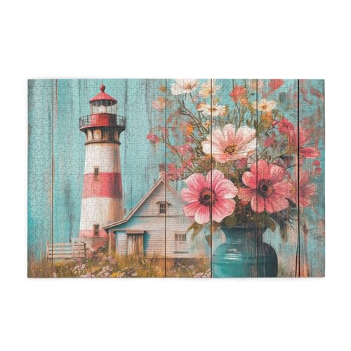 Mexpekil Puzzles für Erwachsene 1000 Teile Holzpuzzle Lernspiele für Erwachsene Geschenke (Holz Leuchtturm Blumen) von Mexpekil