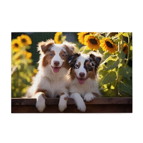Mexpekil Puzzles für Erwachsene 1000 Teile Holzpuzzle Lernspiele für Erwachsene Geschenke (Süße Hunde Sonnenblume) von Mexpekil