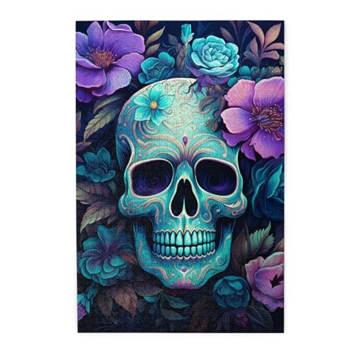 Mexpekil Totenkopf Lila Floral 1000 Teile Puzzle für Erwachsene Holzpuzzles Erwachsene Puzzle Lernspiele für Erwachsene Geschenke Wohnkultur von Mexpekil