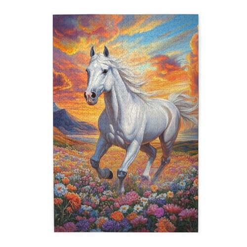 Mexpekil Weißes Pferd Blumen Berg 1000 Teile Puzzle für Erwachsene Holzpuzzles Erwachsene Puzzle Lernspiele für Erwachsene Geschenke Wohnkultur von Mexpekil