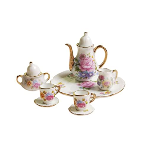 Meyrwoy 8pcs 1:12 Miniatur Keramik Tee Tasse Set Porzellan Tee Set Blütendruck mit Goldener Trimmpuppenhaus Küchenzubehör von Meyrwoy