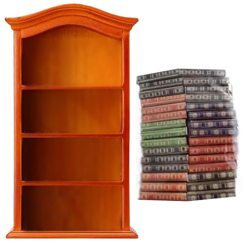 Meyrwoy Dollhouse -Bücherregal mit 30 Büchern Holz Miniatur Bücherregal 4 Stockwerke Mini -Bücherregal für Dollhouse Möbelzubehör Gelbe von Meyrwoy