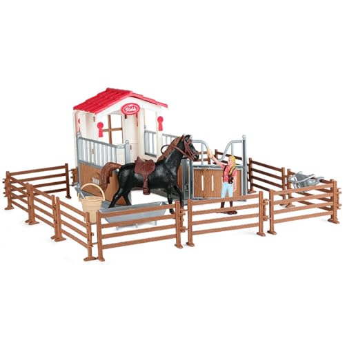 Meyrwoy Horse Toys Realistic Plastic Horse Stable Playset with Fence, Figures, Horse Barn, Play Horse Fade-Resistant Portable Farm Toys for Boys Girls von Meyrwoy