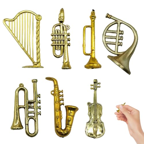 Meyrwoy Miniature Musical Instruments 7PCS/Set Plastic Saxophone Christmas Ornament Hanging Tiny Violin with Hole Hook Golden Toy Trumpet for Dollhouse, Xmas Tree von Meyrwoy